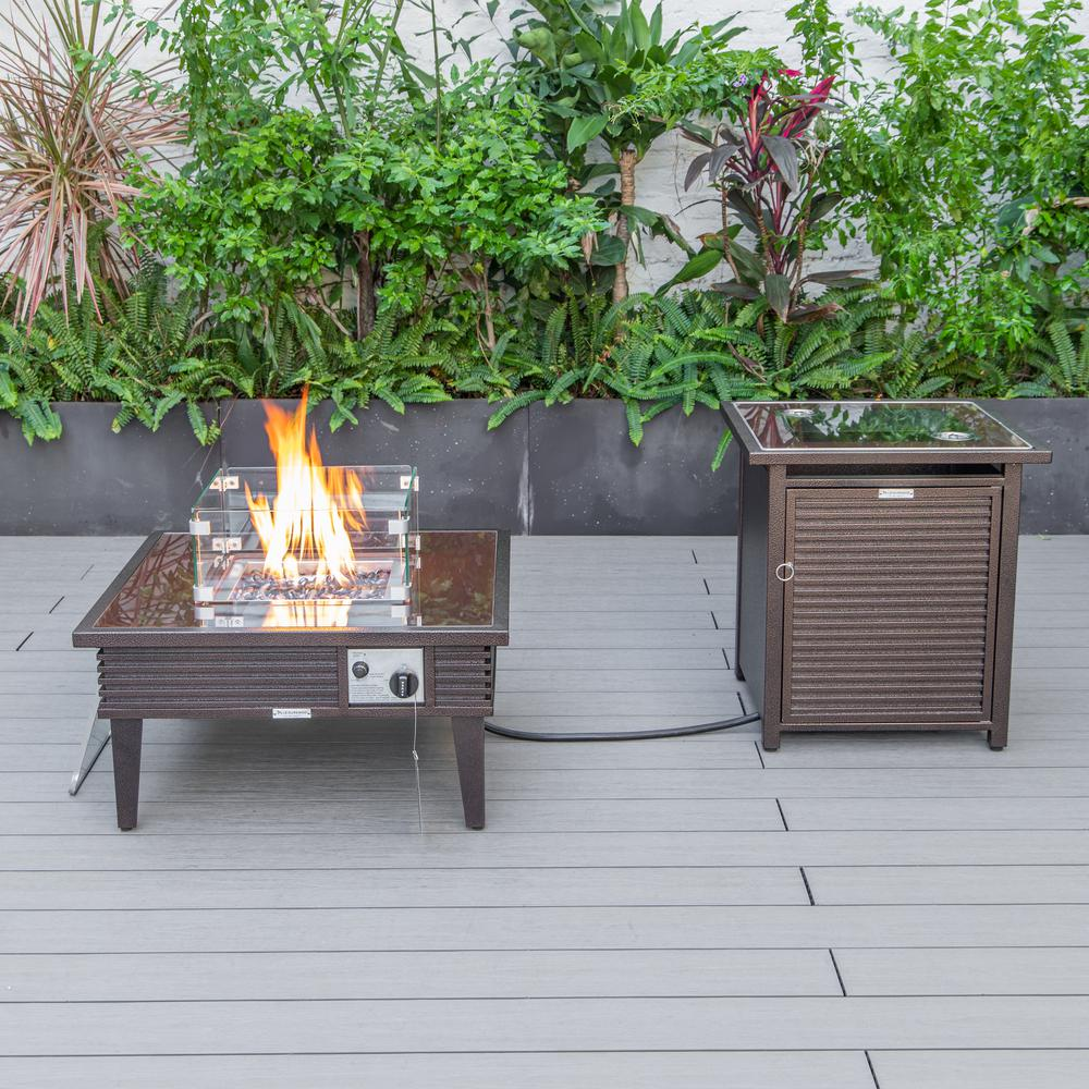 LeisureMod Walbrooke Modern Brown Patio Conversation Set with Fire Pit and Tank Holder