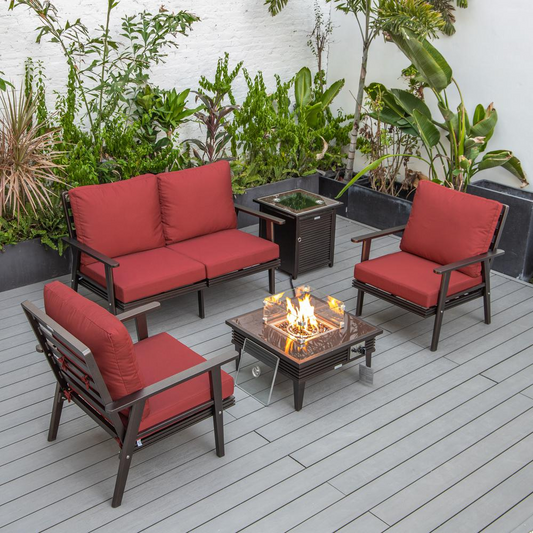 LeisureMod Walbrooke Modern Brown Patio Conversation Set with Fire Pit and Tank Holder, Red