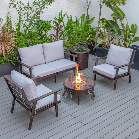 LeisureMod Walbrooke Modern Brown Patio Conversation Set with Round Fire Pit & Tank Holder, Light Grey