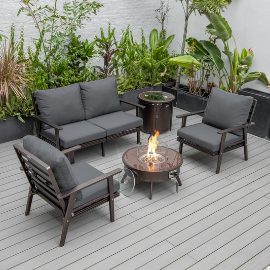 LeisureMod Walbrooke Modern Brown Patio Conversation Set with Round Fire Pit & Tank Holder, Charcoal