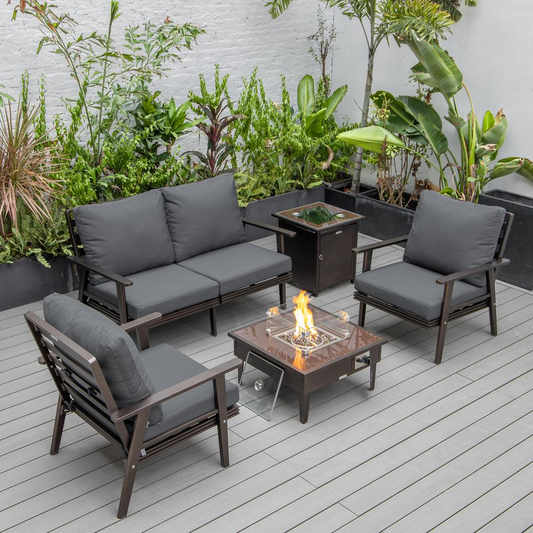 LeisureMod Walbrooke Modern Brown Patio Conversation Set with Fire Pit and Tank Holder, Charcoal