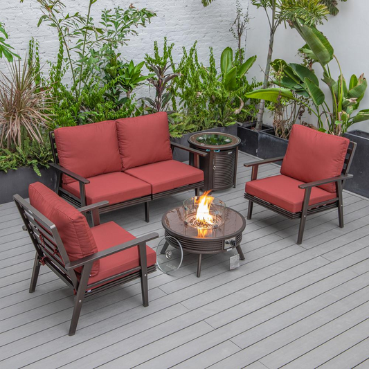 LeisureMod Walbrooke Modern Brown Patio Conversation Set with Fire Pit - Outdoor Furniture Set