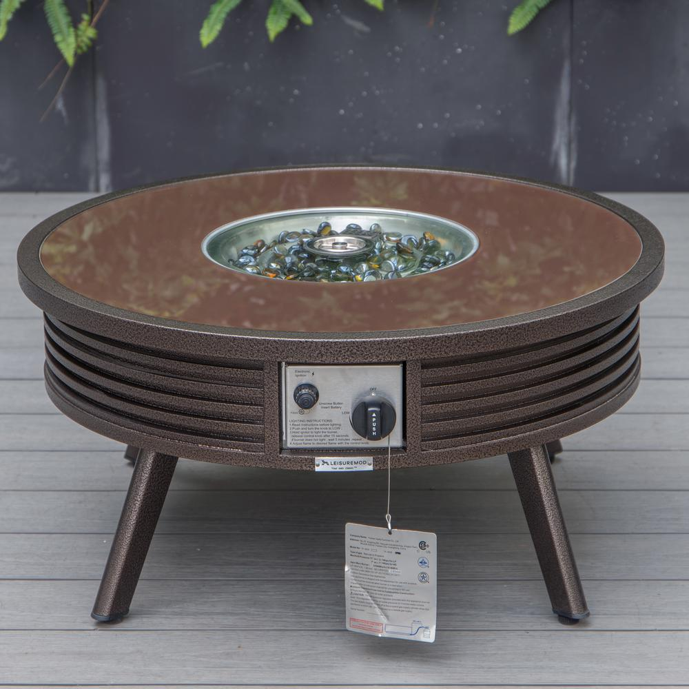 LeisureMod Walbrooke Modern Brown Patio Conversation Set with Fire Pit - Outdoor Furniture Set