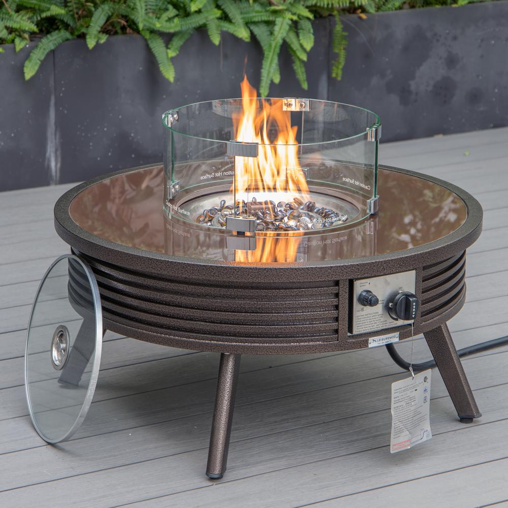 LeisureMod Walbrooke Modern Brown Patio Conversation Set with Fire Pit - Outdoor Furniture Set