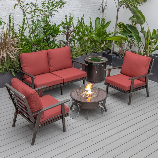 LeisureMod Walbrooke Modern Brown Patio Conversation Set with Fire Pit & Tank Holder, Red