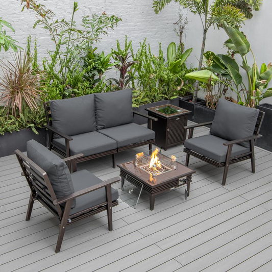 LeisureMod Walbrooke Modern Brown Patio Conversation Set with Fire Pit and Tank Holder