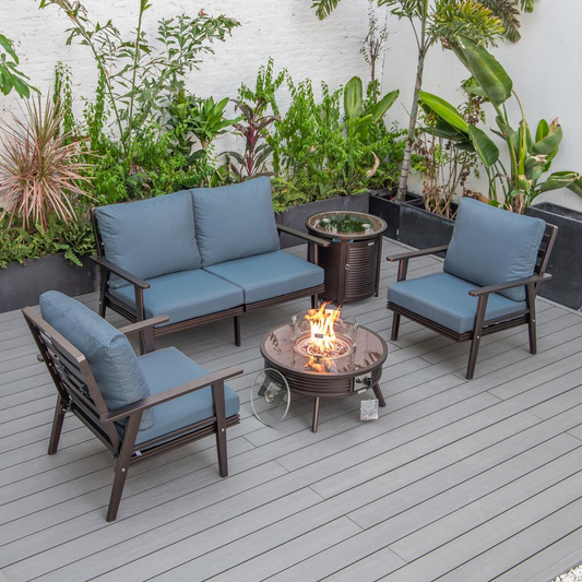 LeisureMod Walbrooke Modern Brown Patio Conversation Set with Fire Pit and Tank Holder, Navy Blue