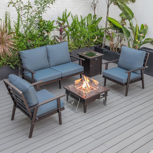 LeisureMod Walbrooke Modern Brown Patio Conversation Set with Square Fire Pit and Tank Holder, Navy Blue