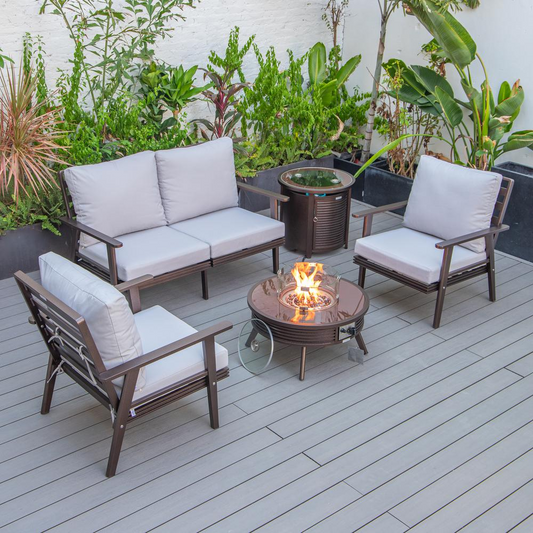 LeisureMod Walbrooke Modern Brown Patio Conversation Set with Round Fire Pit and Tank Holder, Light Grey