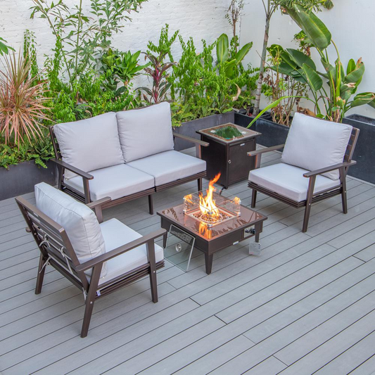 LeisureMod Walbrooke Modern Brown Patio Conversation Set with Fire Pit & Tank Holder, Light Grey