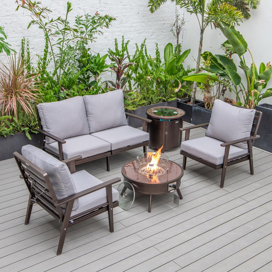 LeisureMod Walbrooke Modern Brown Patio Conversation Set with Round Fire Pit & Tank Holder, Grey