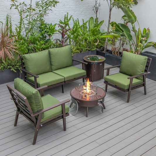 LeisureMod Walbrooke Modern Brown Patio Conversation Set with Round Fire Pit & Tank Holder, Green