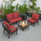 LeisureMod Walbrooke Modern Brown Patio Conversation Set with Square Fire Pit & Tank Holder, Red