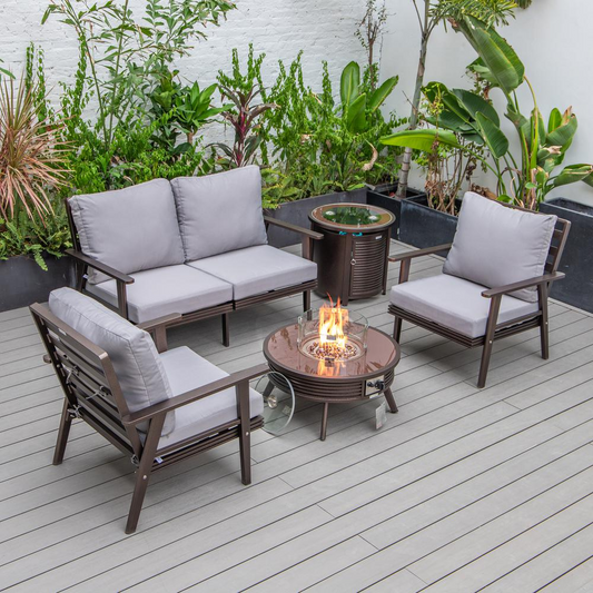 LeisureMod Walbrooke Modern Brown Patio Conversation Set with Round Fire Pit and Tank Holder, Grey