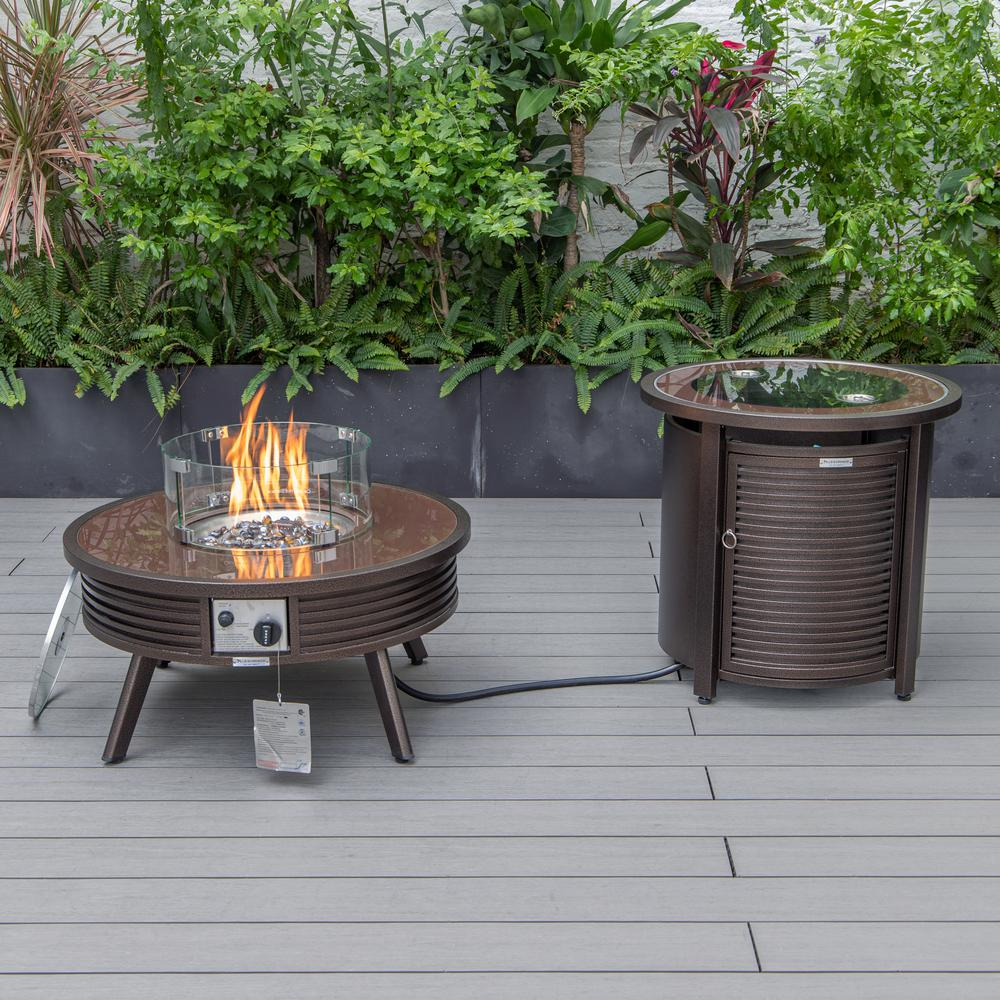 LeisureMod Walbrooke Modern Brown Patio Conversation Set with Round Fire Pit and Tank Holder, Grey