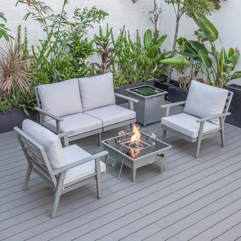 LeisureMod Walbrooke Modern Grey Patio Conversation Set with Square Fire Pit & Tank Holder, Light Grey