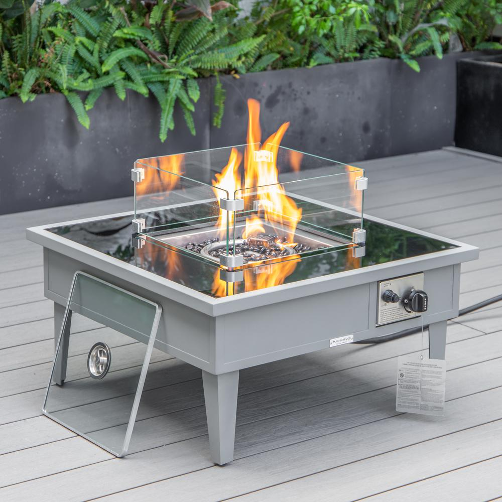 LeisureMod Walbrooke Modern Grey Patio Conversation Set with Square Fire Pit & Tank Holder, Light Grey