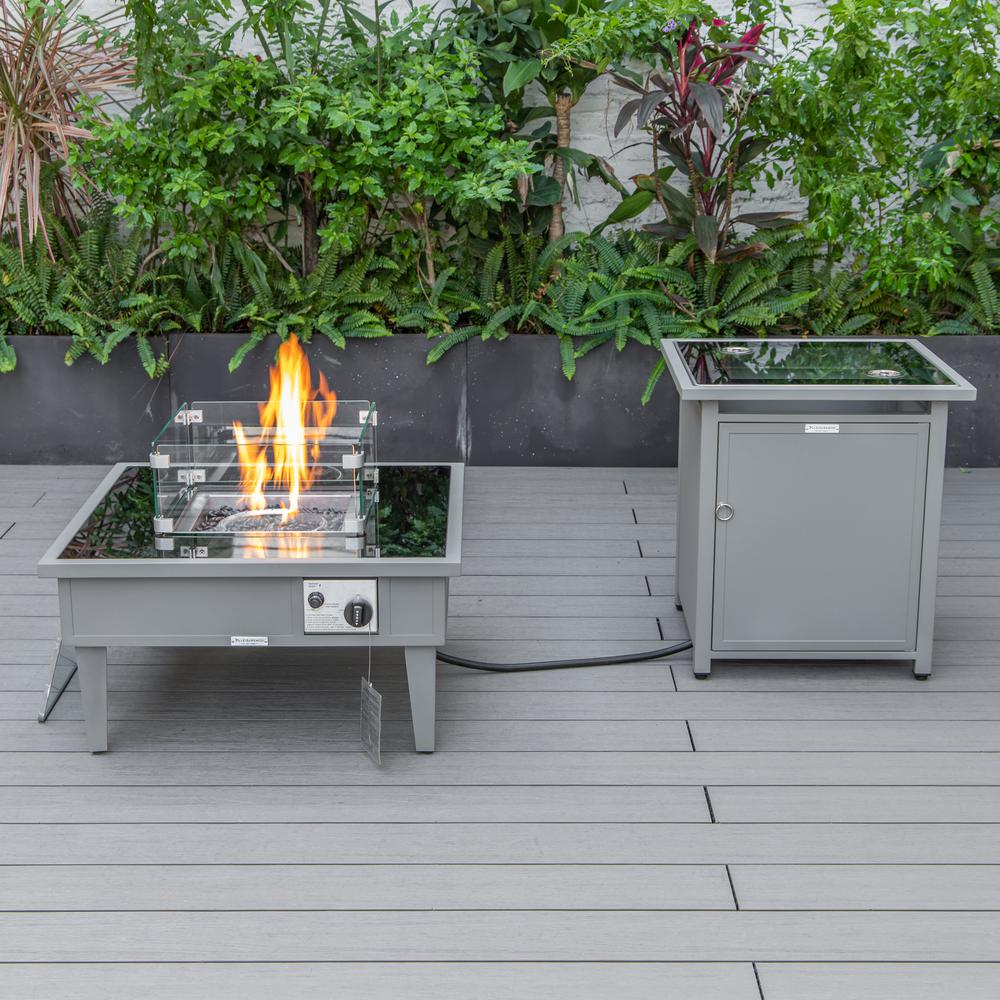 LeisureMod Walbrooke Modern Grey Patio Conversation Set with Square Fire Pit & Tank Holder, Light Grey