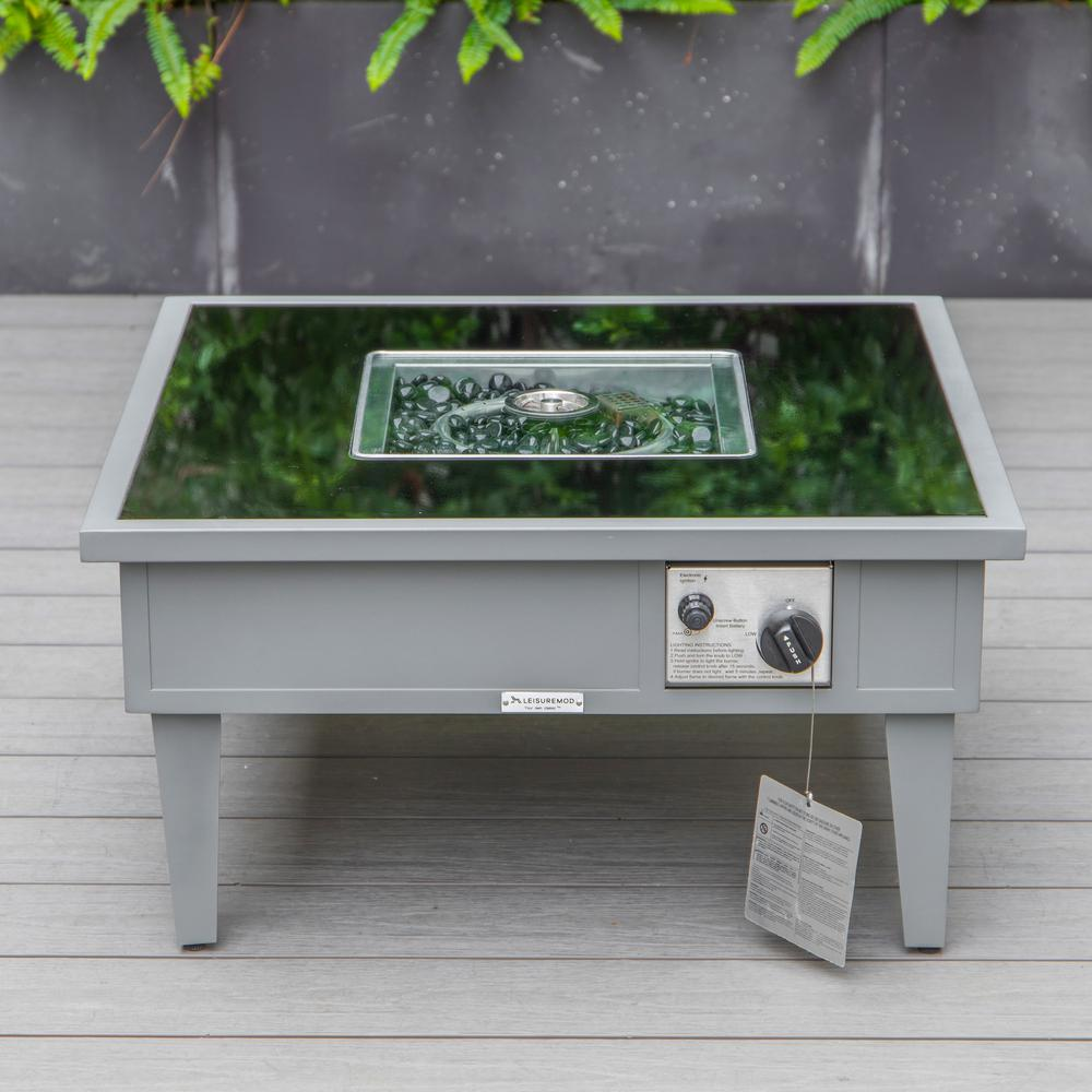 LeisureMod Walbrooke Modern Grey Patio Conversation Set with Square Fire Pit & Tank Holder, Light Grey