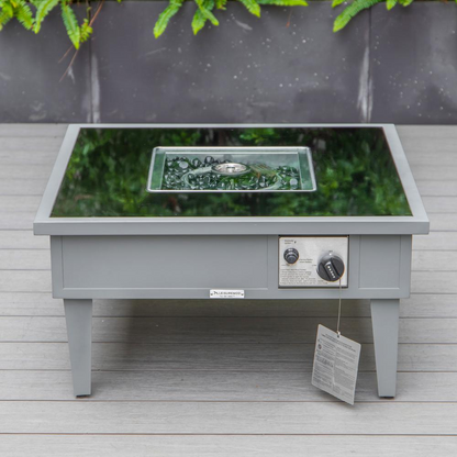 LeisureMod Walbrooke Modern Grey Patio Conversation Set with Square Fire Pit & Tank Holder, Light Grey