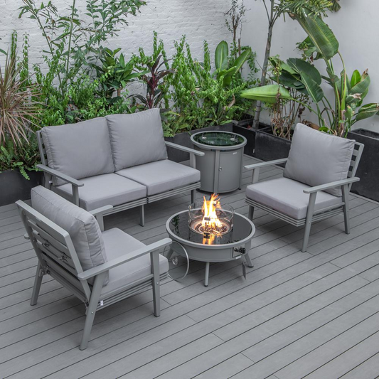 LeisureMod Walbrooke Modern Grey Patio Conversation Set with Fire Pit & Tank Holder, Grey