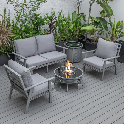 LeisureMod Walbrooke Modern Grey Patio Conversation Set with Round Fire Pit and Tank Holder