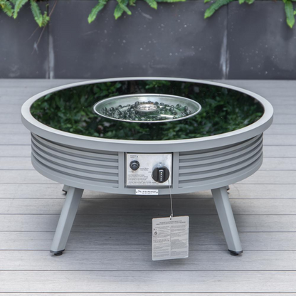 LeisureMod Walbrooke Modern Grey Patio Conversation Set with Round Fire Pit and Tank Holder