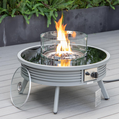 LeisureMod Walbrooke Modern Grey Patio Conversation Set with Round Fire Pit and Tank Holder