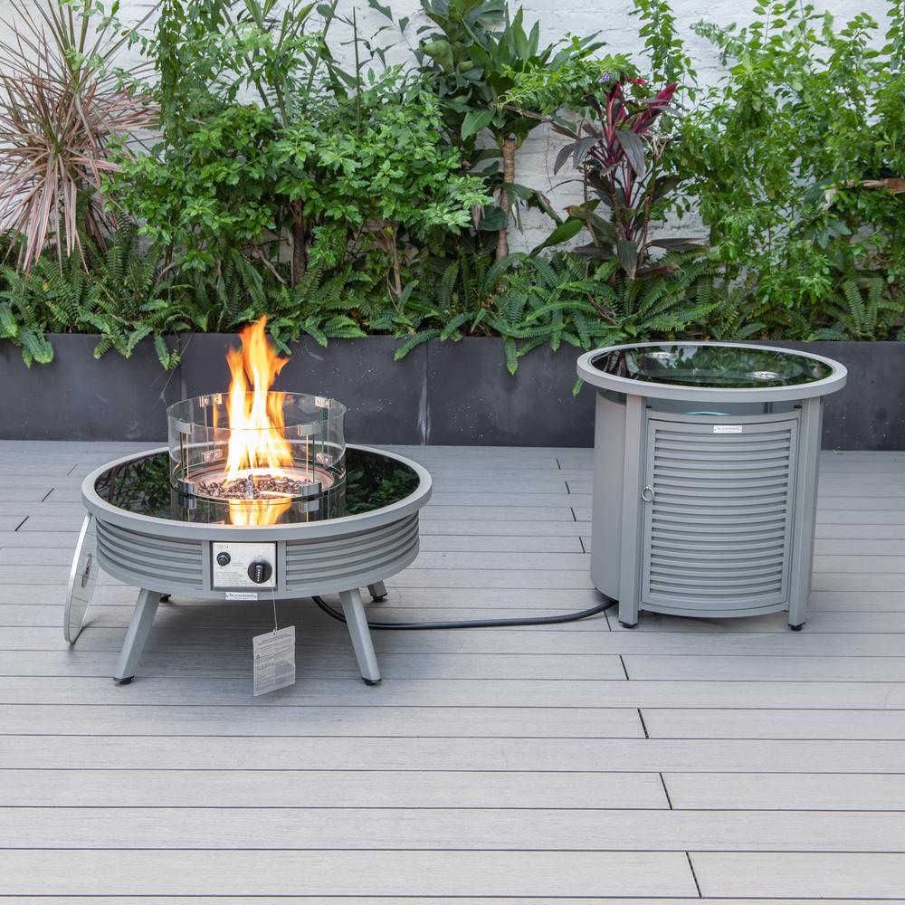 LeisureMod Walbrooke Modern Grey Patio Conversation Set with Round Fire Pit and Tank Holder