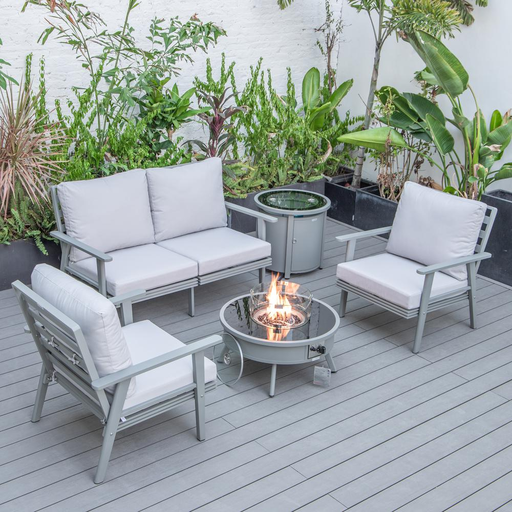 LeisureMod Walbrooke Modern Grey Patio Conversation Set with Fire Pit & Tank Holder