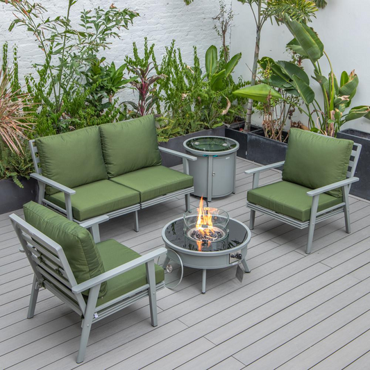 LeisureMod Walbrooke Modern Grey Patio Conversation Set with Round Fire Pit & Tank Holder, Green