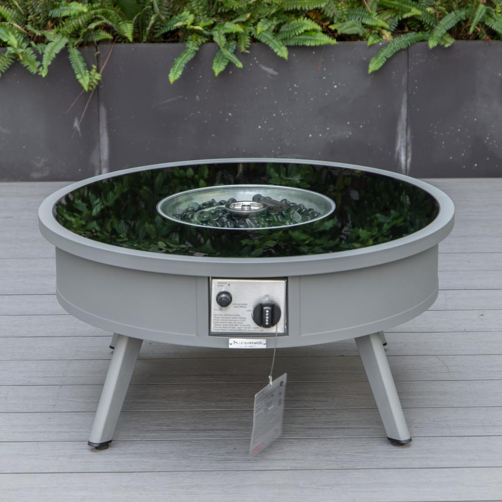 LeisureMod Walbrooke Modern Grey Patio Conversation Set with Round Fire Pit & Tank Holder, Green