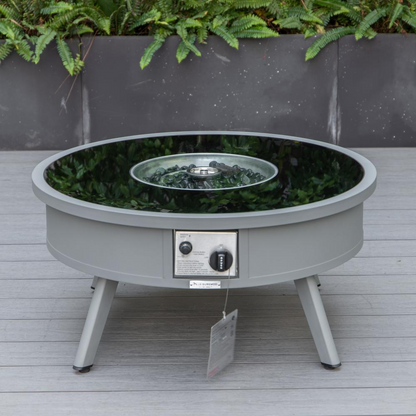 LeisureMod Walbrooke Modern Grey Patio Conversation Set with Round Fire Pit & Tank Holder, Green