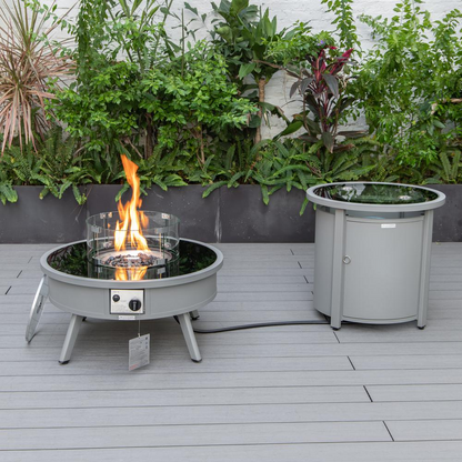 LeisureMod Walbrooke Modern Grey Patio Conversation Set with Round Fire Pit & Tank Holder, Green