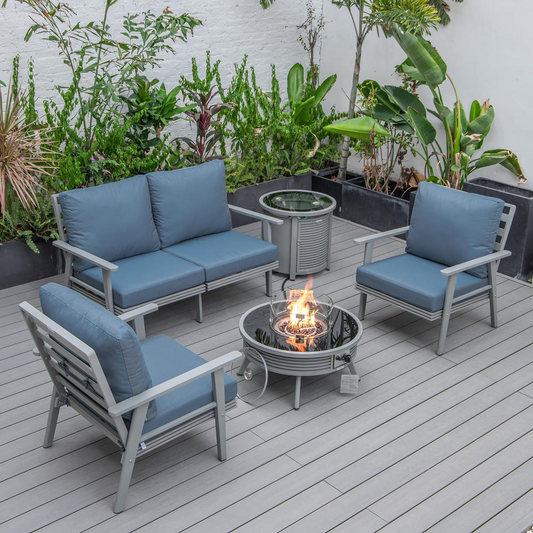 LeisureMod Walbrooke Modern Grey Patio Conversation Set with Fire Pit