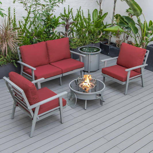 LeisureMod Walbrooke Modern Grey Patio Conversation Set with Round Fire Pit & Tank Holder, Red | Outdoor Furniture