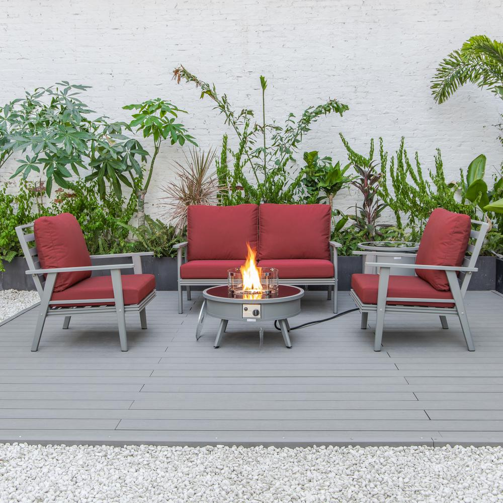 LeisureMod Walbrooke Modern Grey Patio Conversation Set with Round Fire Pit & Tank Holder, Red | Outdoor Furniture