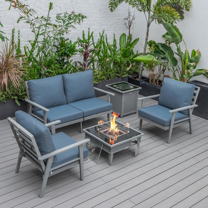 LeisureMod Walbrooke Modern Grey Patio Conversation Set with Fire Pit Table