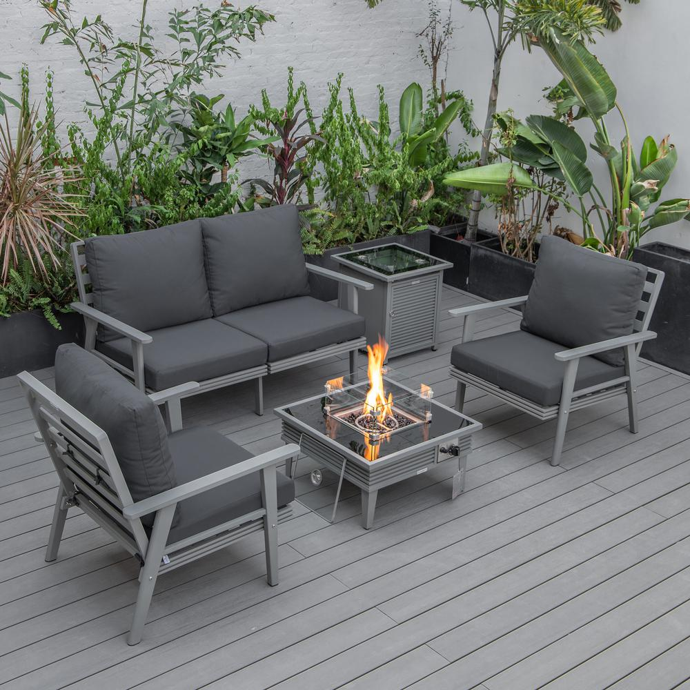 LeisureMod Walbrooke Modern Grey Patio Conversation Set with Square Fire Pit and Tank Holder, Charcoal