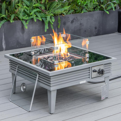 LeisureMod Walbrooke Modern Grey Patio Conversation Set with Square Fire Pit and Tank Holder, Charcoal