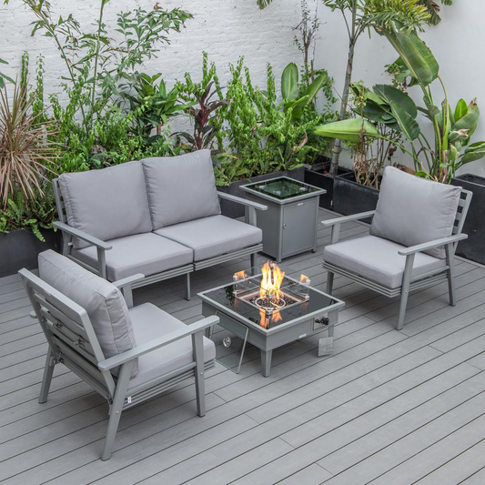 LeisureMod Walbrooke Modern Grey Patio Conversation Set with Fire Pit & Tank Holder