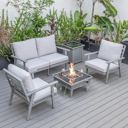 LeisureMod Walbrooke Modern Grey Patio Conversation Set with Square Fire Pit and Tank Holder, Light Grey