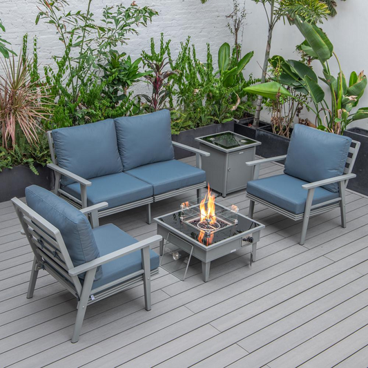 LeisureMod Walbrooke Modern Grey Patio Conversation Set with Fire Pit & Tank Holder, Navy Blue