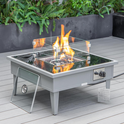 LeisureMod Walbrooke Modern Grey Patio Conversation Set with Fire Pit & Tank Holder, Navy Blue