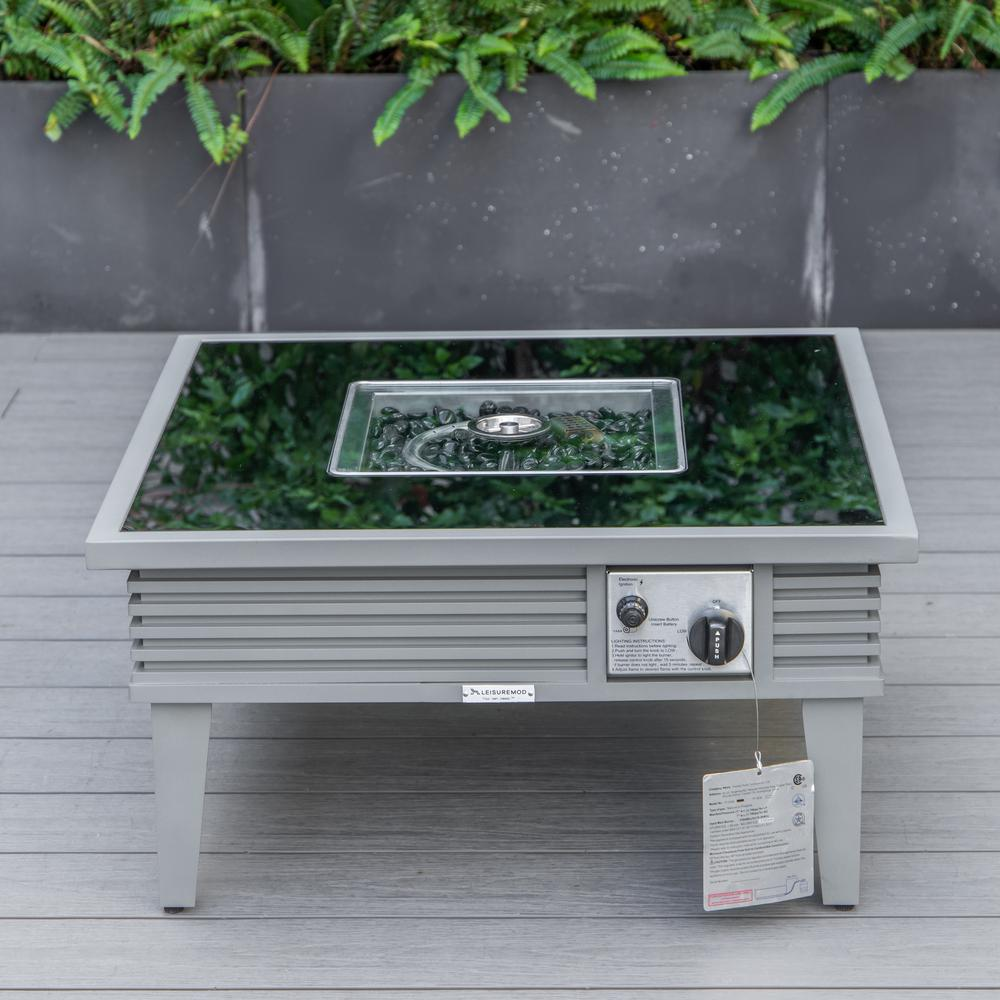 LeisureMod Walbrooke Modern Grey Patio Conversation With Square Fire Pit With Slats Design & Tank Holder, Green