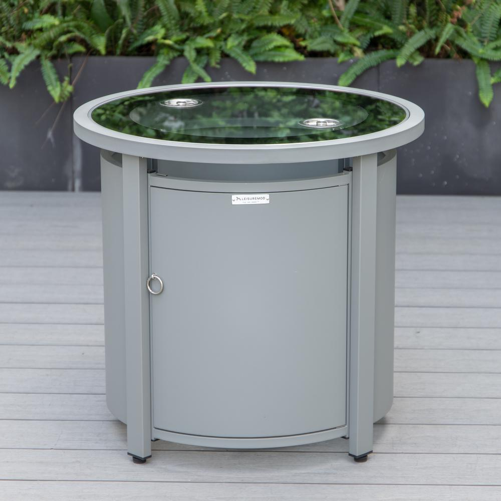 LeisureMod Walbrooke Modern Grey Patio Conversation With Round Fire Pit & Tank Holder, Charcoal