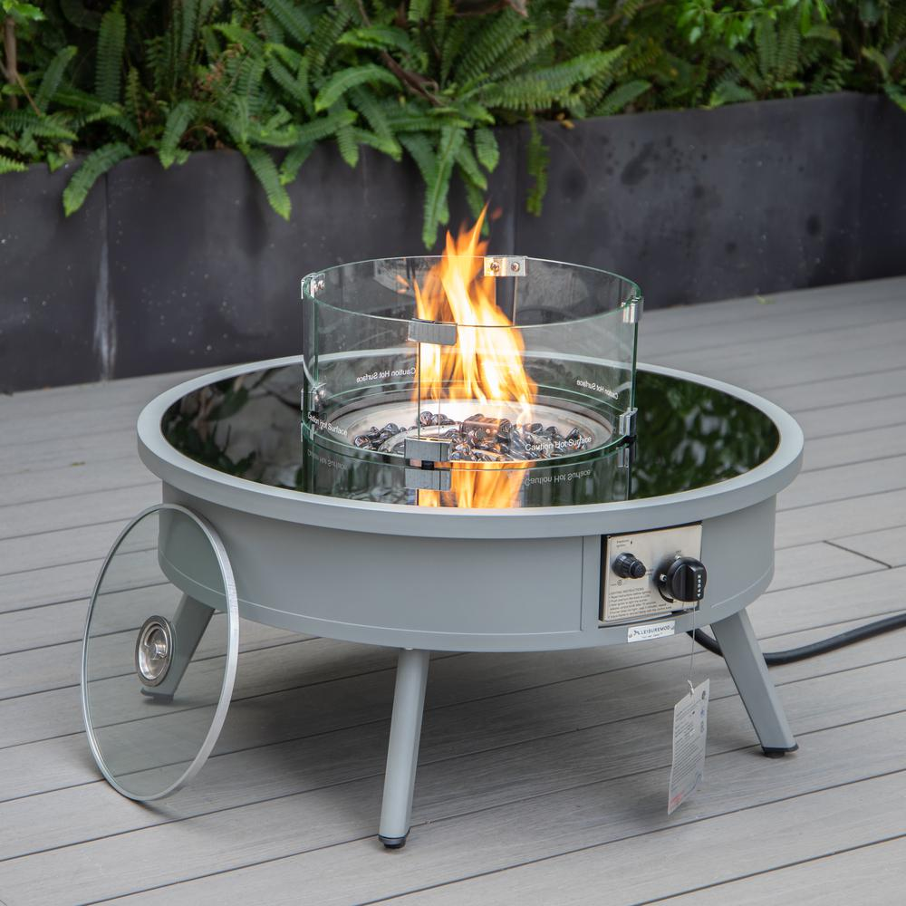 LeisureMod Walbrooke Modern Grey Patio Conversation With Round Fire Pit & Tank Holder, Charcoal