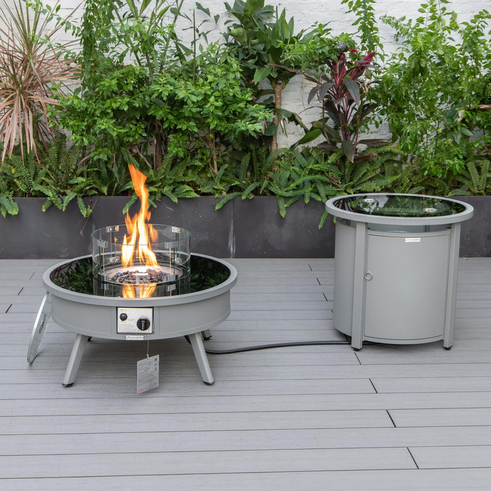 LeisureMod Walbrooke Modern Grey Patio Conversation With Round Fire Pit & Tank Holder, Charcoal