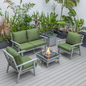 LeisureMod Walbrooke Modern Grey Patio Conversation Set with Square Fire Pit & Tank Holder, Green