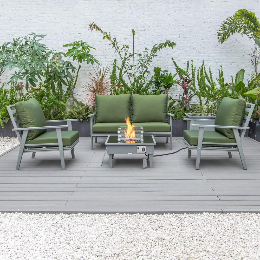 LeisureMod Walbrooke Modern Grey Patio Conversation Set with Square Fire Pit & Tank Holder, Green